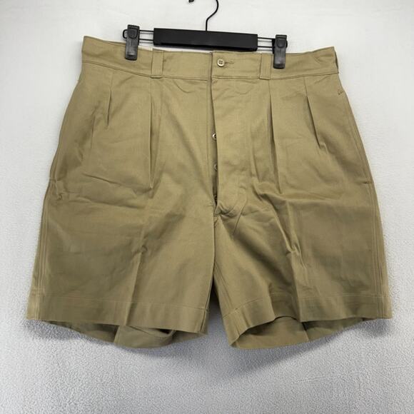 Vintage French Military Shorts Mens 34 Brown Khaki Pleated Button Fly 7" m52 50s - Picture 1 of 11